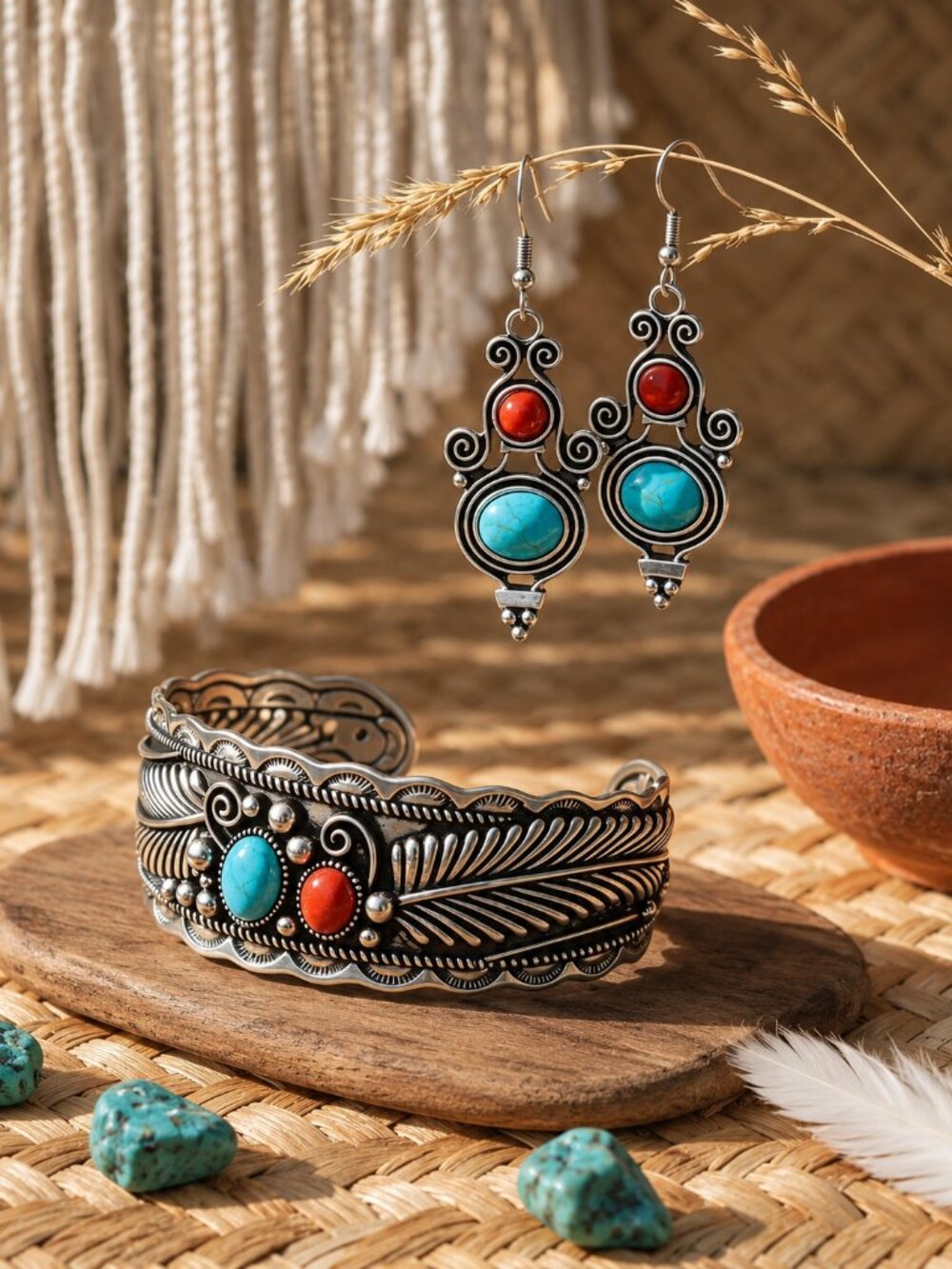 Silver Cuff Bracelet Earrings Set Turquoise Red Coral Southwestern Boho Filigree - Picture 7 of 15